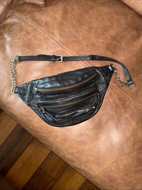NWOT Free People black leather crossbody zippered fanny bag